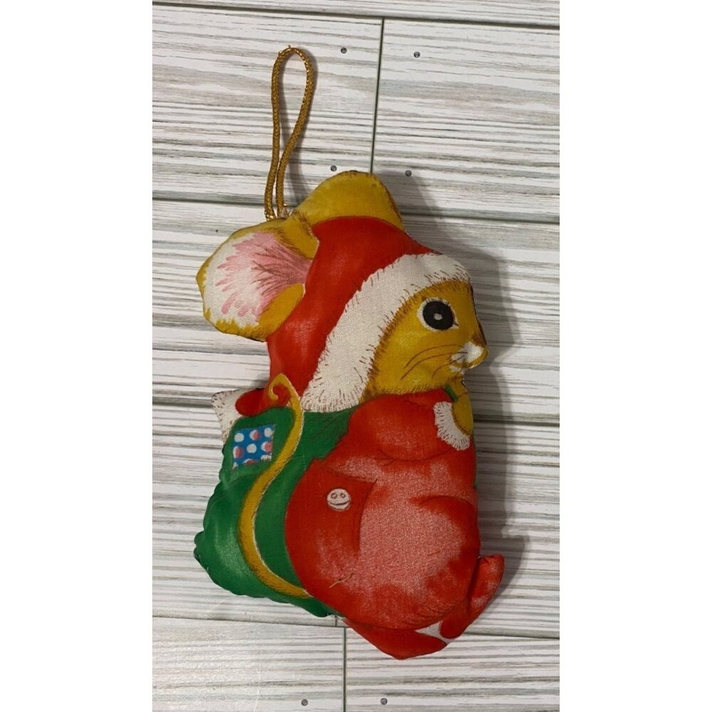 Vintage Fabric Mouse Christmas Ornament With Santa Hat & Gift Bag 6"